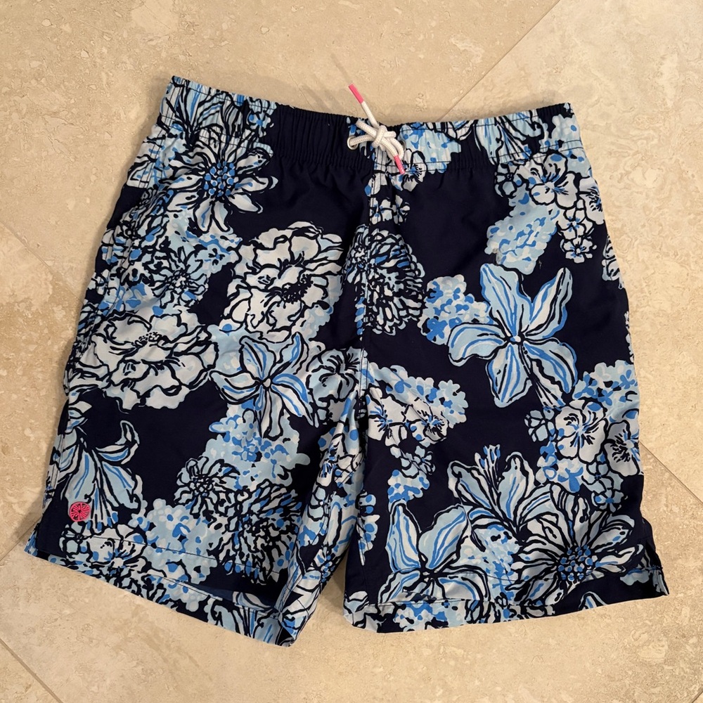 NWT!! Lilly Pulitzer Blue Floral Boys Swim Trunks Shorts L and XL